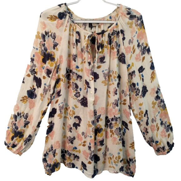 Lucky Brand Women’s Sheer Blouse 3/4 Sleeve Floral Design Half-Button Boho - L - Picture 1 of 10